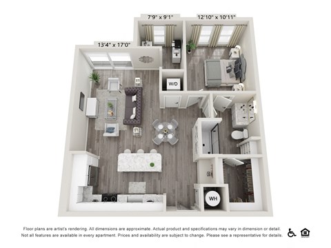 Floor plan for 1 bed, 1 bath, 903 sqft